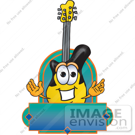 #24102 Clip Art Graphic of a Yellow Electric Guitar Cartoon Character Label by toons4biz