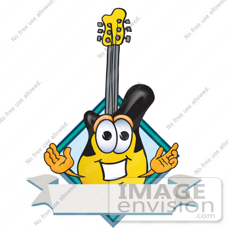 #24103 Clip Art Graphic of a Yellow Electric Guitar Cartoon Character Label by toons4biz
