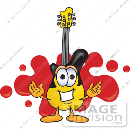 #24107 Clip Art Graphic of a Yellow Electric Guitar Cartoon Character Logo With Red Paint Splatters by toons4biz