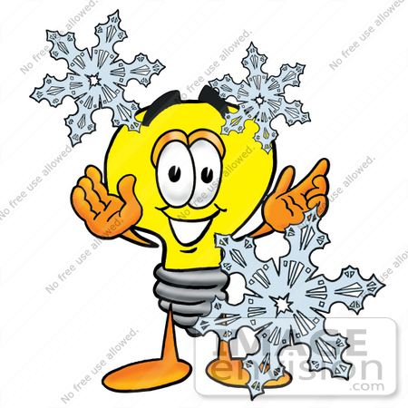 #24116 Clip Art Graphic of a Yellow Electric Lightbulb Cartoon Character With Three Snowflakes in Winter by toons4biz