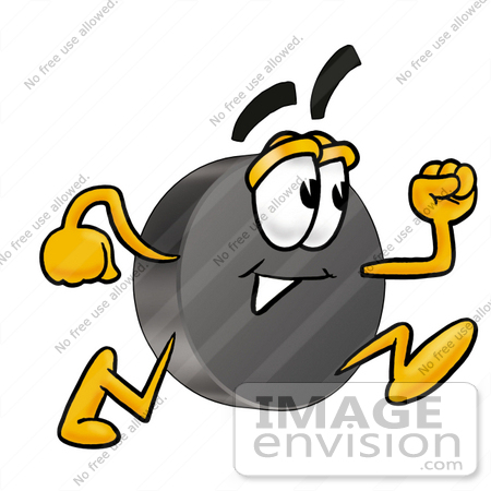 #24125 Clip Art Graphic of an Ice Hockey Puck Cartoon Character Running by toons4biz