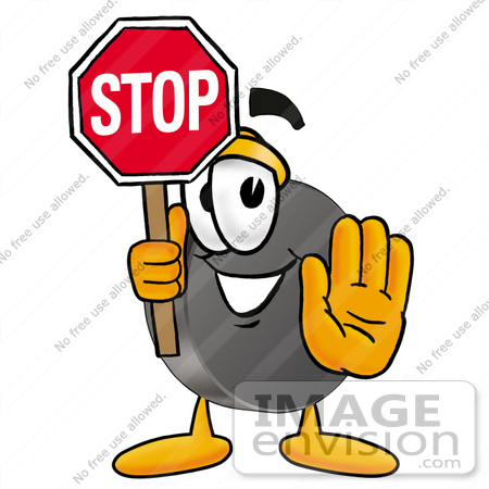 #24126 Clip Art Graphic of an Ice Hockey Puck Cartoon Character Holding a Stop Sign by toons4biz