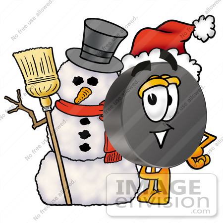#24127 Clip Art Graphic of an Ice Hockey Puck Cartoon Character With a Snowman on Christmas by toons4biz