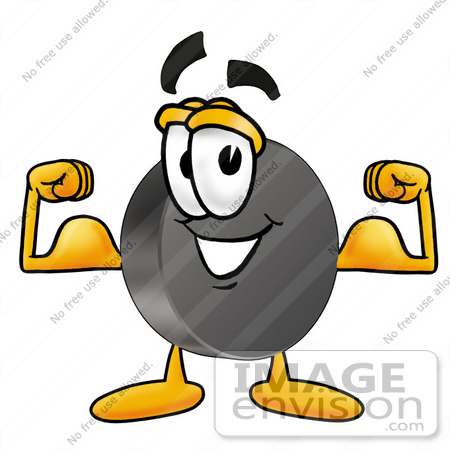#24131 Clip Art Graphic of an Ice Hockey Puck Cartoon Character Flexing His Arm Muscles by toons4biz