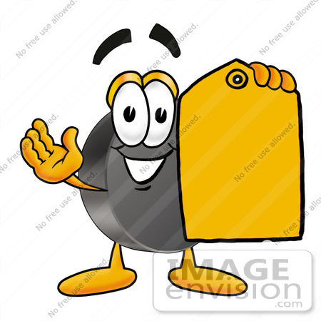#24140 Clip Art Graphic of an Ice Hockey Puck Cartoon Character Holding a Yellow Sales Price Tag by toons4biz