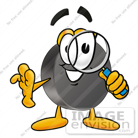 #24141 Clip Art Graphic of an Ice Hockey Puck Cartoon Character Looking Through a Magnifying Glass by toons4biz