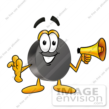 #24145 Clip Art Graphic of an Ice Hockey Puck Cartoon Character Holding a Megaphone by toons4biz