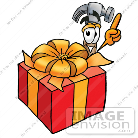 #24150 Clip Art Graphic of a Hammer Tool Cartoon Character Standing by a Christmas Present by toons4biz