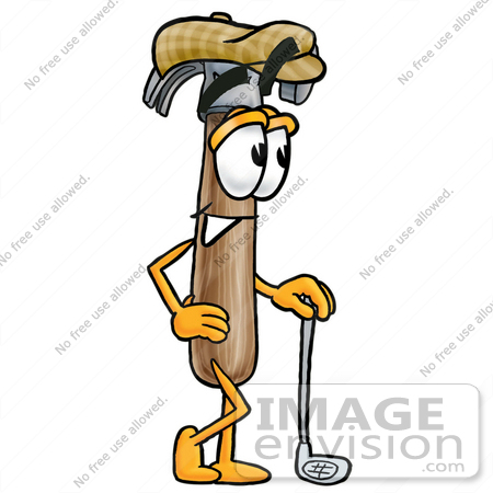 #24157 Clip Art Graphic of a Hammer Tool Cartoon Character Leaning on a Golf Club While Golfing by toons4biz