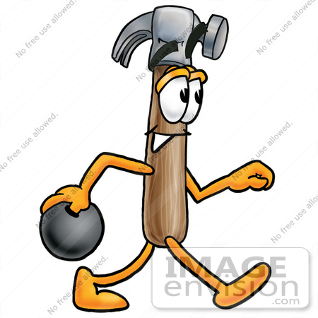 #24159 Clip Art Graphic of a Hammer Tool Cartoon Character Holding a Bowling Ball by toons4biz