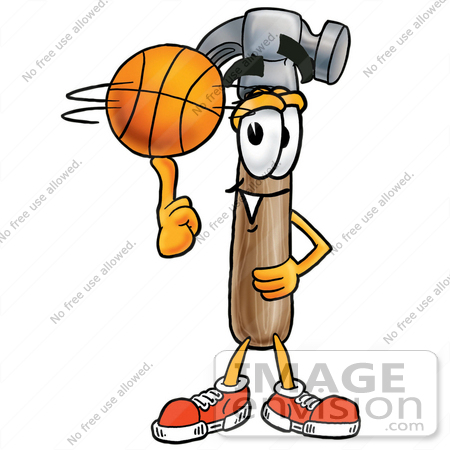 #24167 Clip Art Graphic of a Hammer Tool Cartoon Character Spinning a Basketball on His Finger by toons4biz