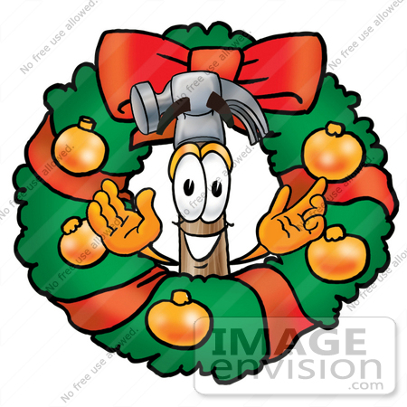 #24171 Clip Art Graphic of a Hammer Tool Cartoon Character in the Center of a Christmas Wreath by toons4biz