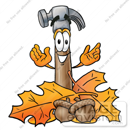 #24174 Clip Art Graphic of a Hammer Tool Cartoon Character With Autumn Leaves and Acorns in the Fall by toons4biz