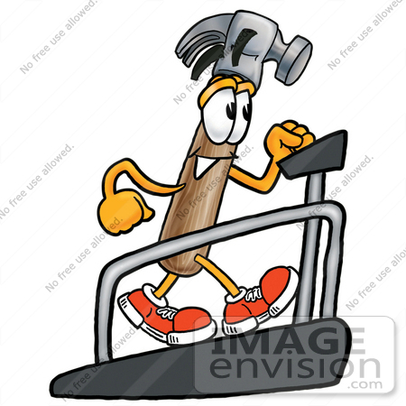 #24197 Clip Art Graphic of a Hammer Tool Cartoon Character Walking on a Treadmill in a Fitness Gym by toons4biz