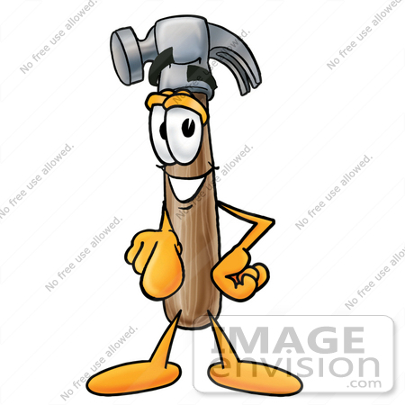 #24208 Clip Art Graphic of a Hammer Tool Cartoon Character Pointing at the Viewer by toons4biz