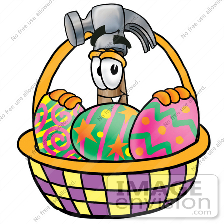 #24210 Clip Art Graphic of a Hammer Tool Cartoon Character in an Easter Basket Full of Decorated Easter Eggs by toons4biz