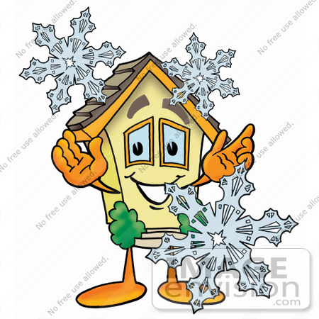 #24211 Clip Art Graphic of a Yellow Residential House Cartoon Character With Three Snowflakes in Winter by toons4biz