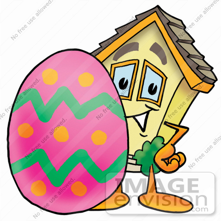 #24215 Clip Art Graphic of a Yellow Residential House Cartoon Character Standing Beside an Easter Egg by toons4biz