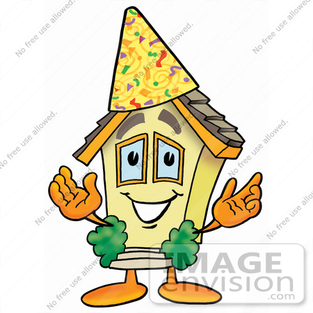 #24218 Clip Art Graphic of a Yellow Residential House Cartoon Character Wearing a Birthday Party Hat by toons4biz