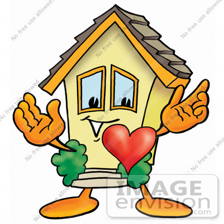 #24221 Clip Art Graphic of a Yellow Residential House Cartoon Character With His Heart Beating Out of His Chest by toons4biz