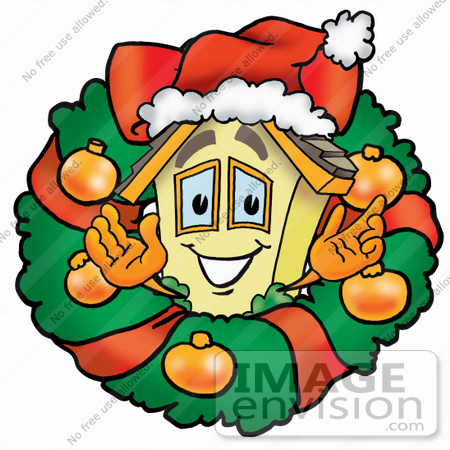 #24230 Clip Art Graphic of a Yellow Residential House Cartoon Character in the Center of a Christmas Wreath by toons4biz