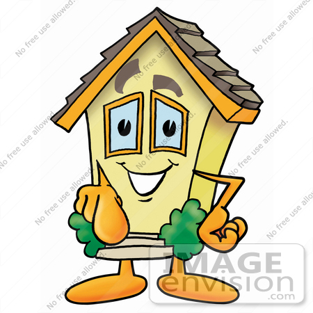 #24231 Clip Art Graphic of a Yellow Residential House Cartoon Character Pointing at the Viewer by toons4biz