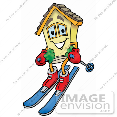 #24239 Clip Art Graphic of a Yellow Residential House Cartoon Character Skiing Downhill by toons4biz