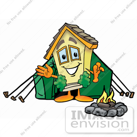 #24242 Clip Art Graphic of a Yellow Residential House Cartoon Character Camping With a Tent and Fire by toons4biz