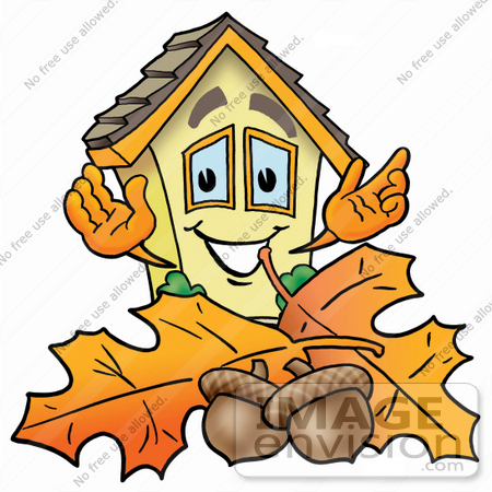 #24253 Clip Art Graphic of a Yellow Residential House Cartoon Character With Autumn Leaves and Acorns in the Fall by toons4biz