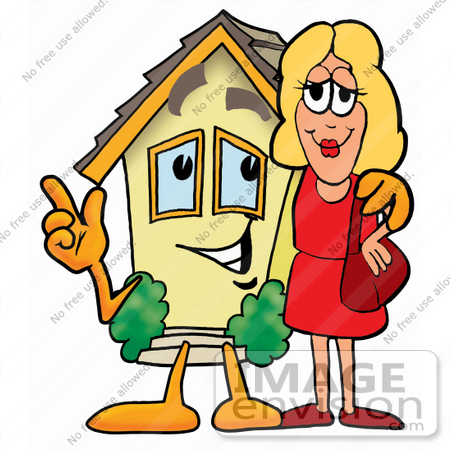#24256 Clip Art Graphic of a Yellow Residential House Cartoon Character Talking to a Pretty Blond Woman by toons4biz