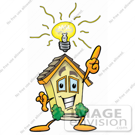 #24259 Clip Art Graphic of a Yellow Residential House Cartoon Character With a Bright Idea by toons4biz