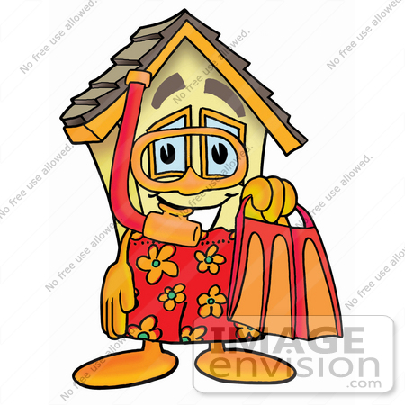 #24264 Clip Art Graphic of a Yellow Residential House Cartoon Character in Orange and Red Snorkel Gear by toons4biz