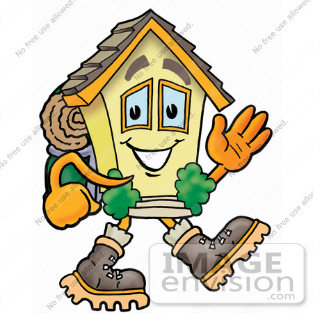 #24265 Clip Art Graphic of a Yellow Residential House Cartoon Character Hiking and Carrying a Backpack by toons4biz