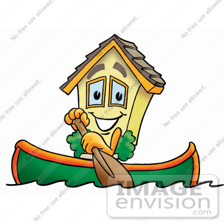 #24268 Clip Art Graphic of a Yellow Residential House Cartoon Character Rowing a Boat by toons4biz