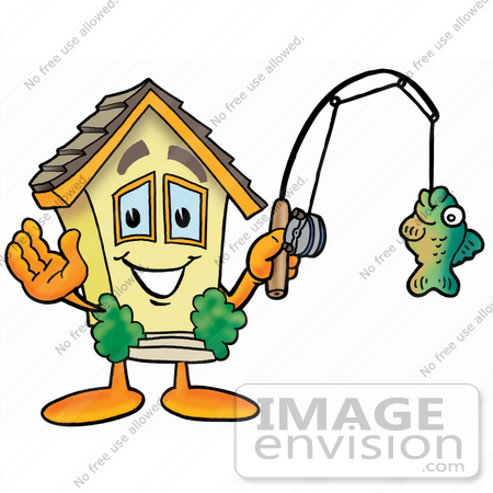 #24270 Clip Art Graphic of a Yellow Residential House Cartoon Character Holding a Fish on a Fishing Pole by toons4biz