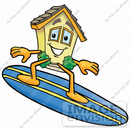 #24273 Clip Art Graphic of a Yellow Residential House Cartoon Character Surfing on a Blue and Yellow Surfboard by toons4biz