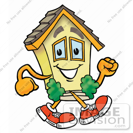 #24274 Clip Art Graphic of a Yellow Residential House Cartoon Character Walking by toons4biz