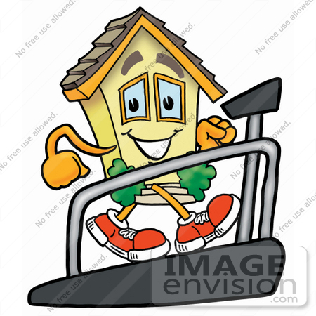 #24275 Clip Art Graphic of a Yellow Residential House Cartoon Character Walking on a Treadmill in a Fitness Gym by toons4biz