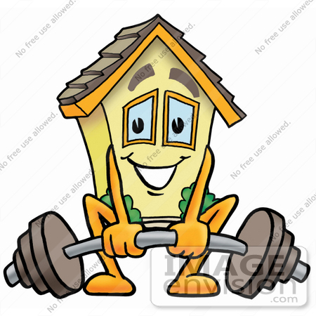 #24280 Clip Art Graphic of a Yellow Residential House Cartoon Character Lifting a Heavy Barbell by toons4biz
