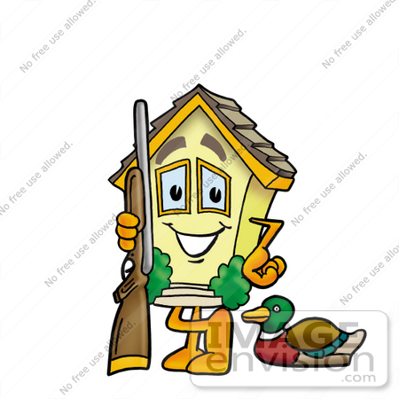 #24282 Clip Art Graphic of a Yellow Residential House Cartoon Character Duck Hunting, Standing With a Rifle and Duck by toons4biz