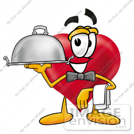 #24296 Clip Art Graphic of a Red Love Heart Cartoon Character Dressed as a Waiter and Holding a Serving Platter by toons4biz