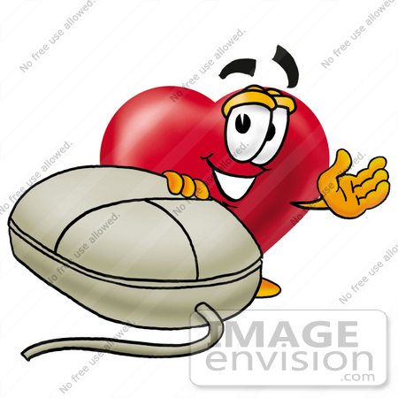 #24298 Clip Art Graphic of a Red Love Heart Cartoon Character With a Computer Mouse by toons4biz