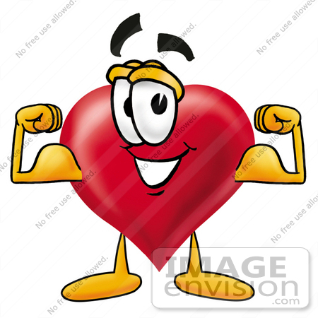 #24300 Clip Art Graphic of a Red Love Heart Cartoon Character Flexing His Arm Muscles by toons4biz