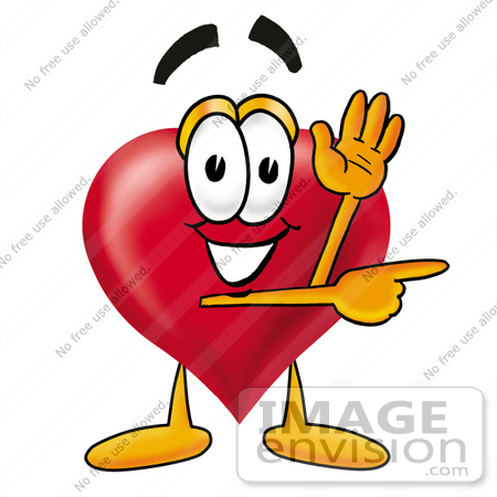 #24303 Clip Art Graphic of a Red Love Heart Cartoon Character Waving and Pointing by toons4biz