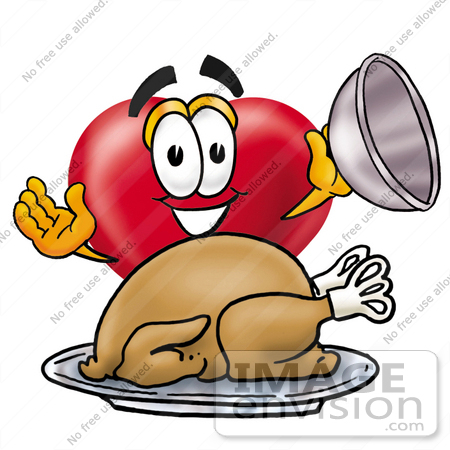 #24308 Clip Art Graphic of a Red Love Heart Cartoon Character Serving a Thanksgiving Turkey on a Platter by toons4biz