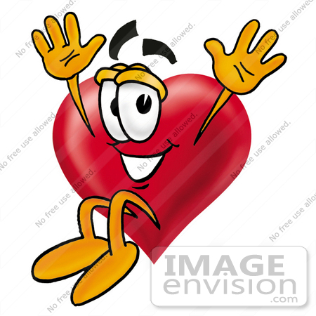 #24309 Clip Art Graphic of a Red Love Heart Cartoon Character Jumping by toons4biz