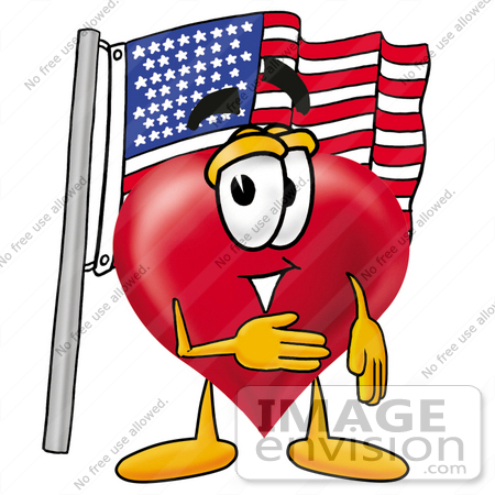 #24312 Clip Art Graphic of a Red Love Heart Cartoon Character Pledging Allegiance to an American Flag by toons4biz