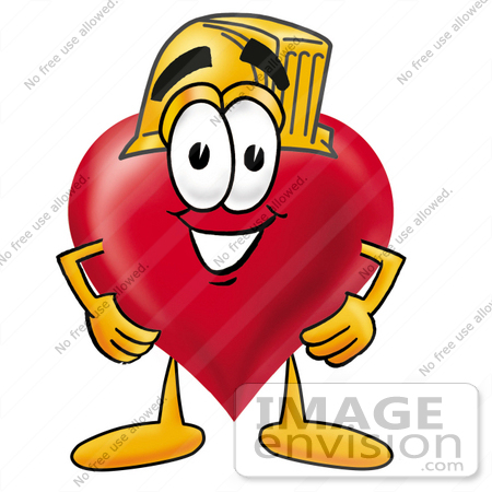 #24314 Clip Art Graphic of a Red Love Heart Cartoon Character Wearing a Hardhat Helmet by toons4biz