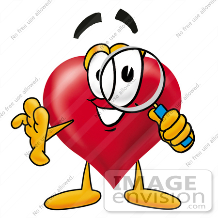 #24318 Clip Art Graphic of a Red Love Heart Cartoon Character Looking Through a Magnifying Glass by toons4biz