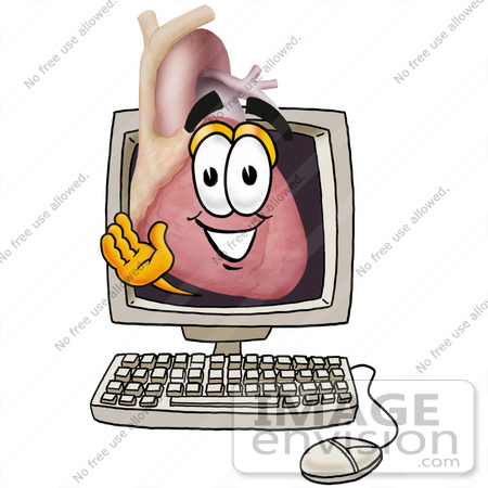 #24330 Clip Art Graphic of a Human Heart Cartoon Character Waving From Inside a Computer Screen by toons4biz